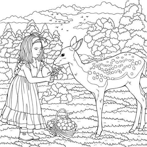 A Girl's Autumn Encounter with a Fawn
