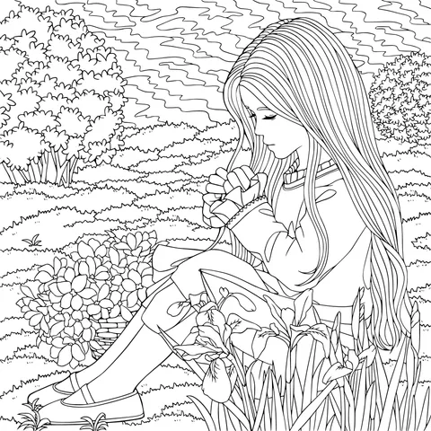 Thoughtful Girl among the Flowers