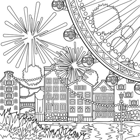 Ferris Wheel and Town Night Scene under Fireworks