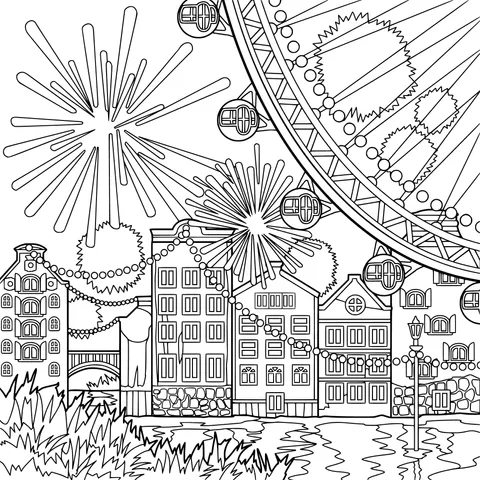 Ferris Wheel and Town Night Scene under Fireworks