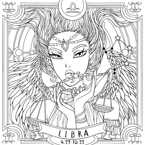 Página de Colorir Tema Libra: Ilustração de uma Linda Moça de Libra