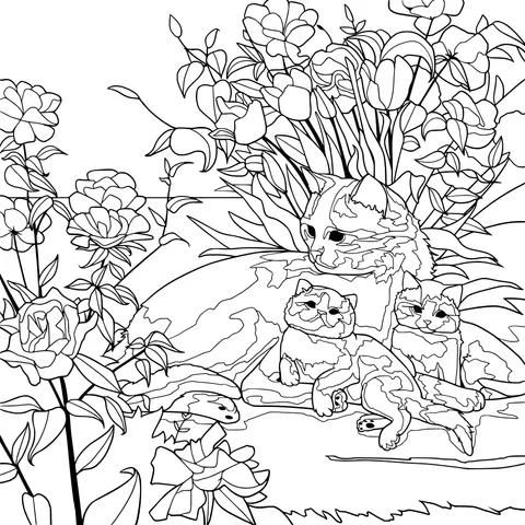 Mother cat and kittens among the flowers