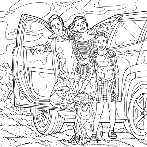 A family and a dog beside the car