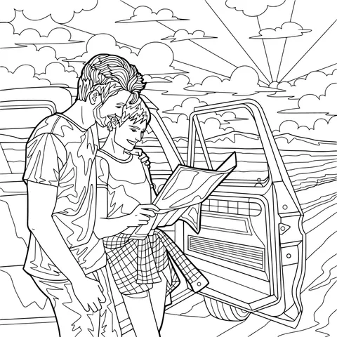 Couple planning a journey by looking at a map beside a car