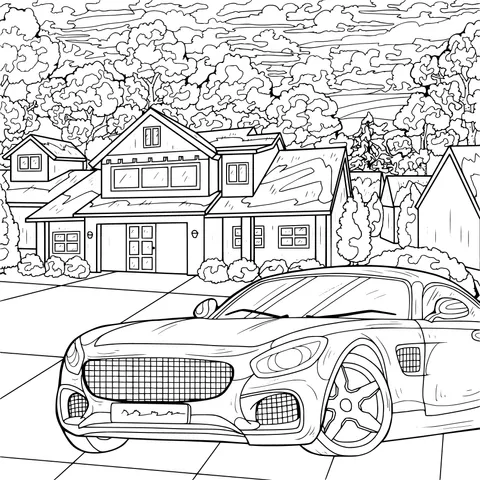 Blue Sports Car in Front of a Luxury House