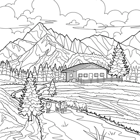 Mountain Cabin and Pasture Scene