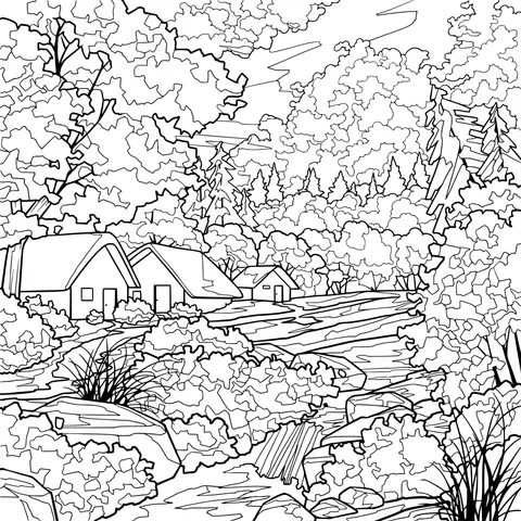 Beautiful Scenery of Cottages by the Stream in Autumn