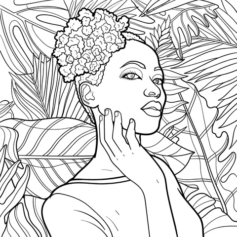 Woman in Red among Tropical Plants