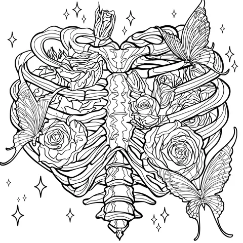 Skeletal Heart Adorned with Roses and Butterflies