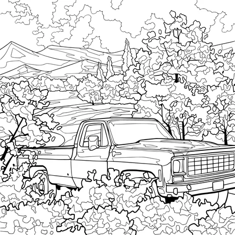 Green pickup truck in a spring flower - filled field