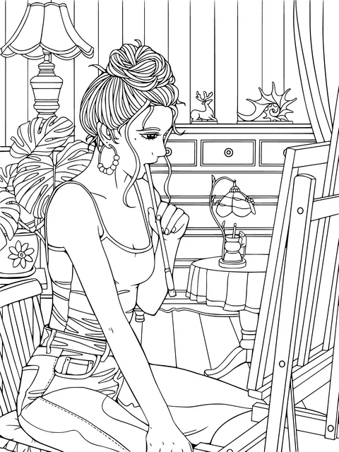 A Woman Concentrating on Painting