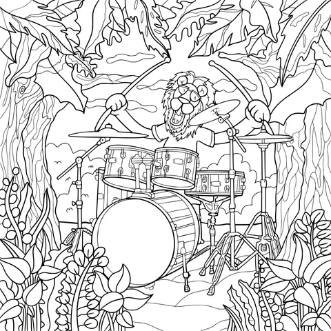 Lion playing drums in the jungle