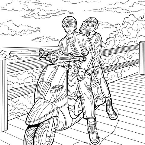 Couple and dog enjoying the scenery on a scooter