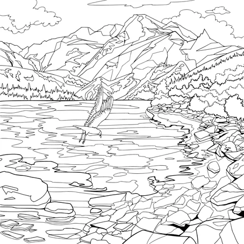 Bird Flying by the Lakeside and Mountain Scenery