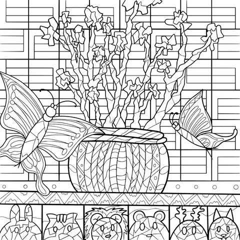 Flower branches and butterflies in a vase