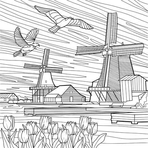 Rural scenery with windmills, tulips and flying birds
