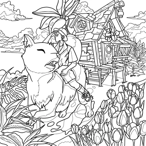 A warm scene of a person and a big dog beside a wooden house