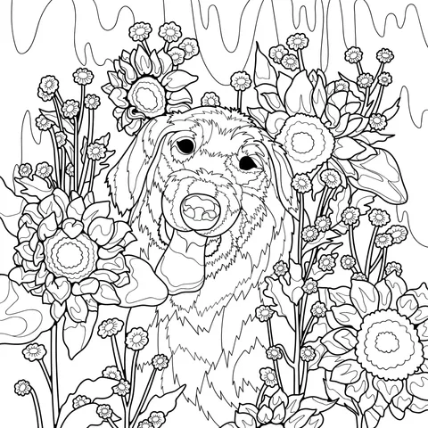 Golden Retriever in the Flower Bed