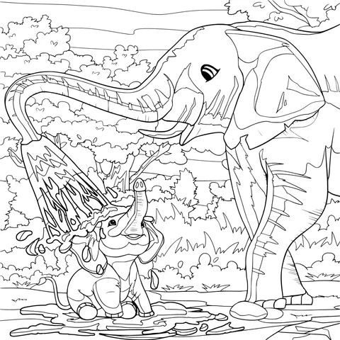 An elephant bathing a baby elephant