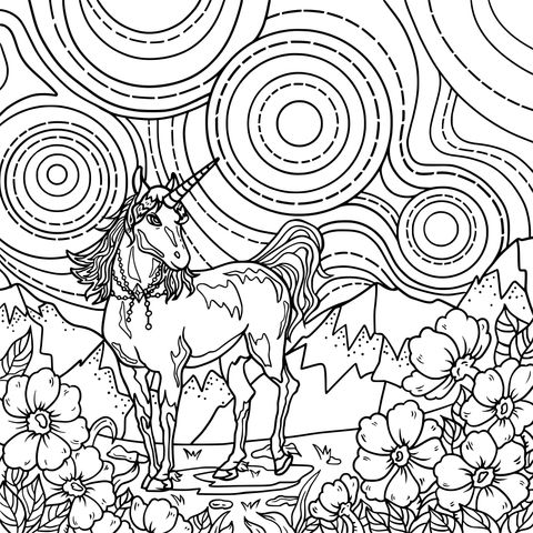 Unicornio Fantástico y Ladera Llena de Flores