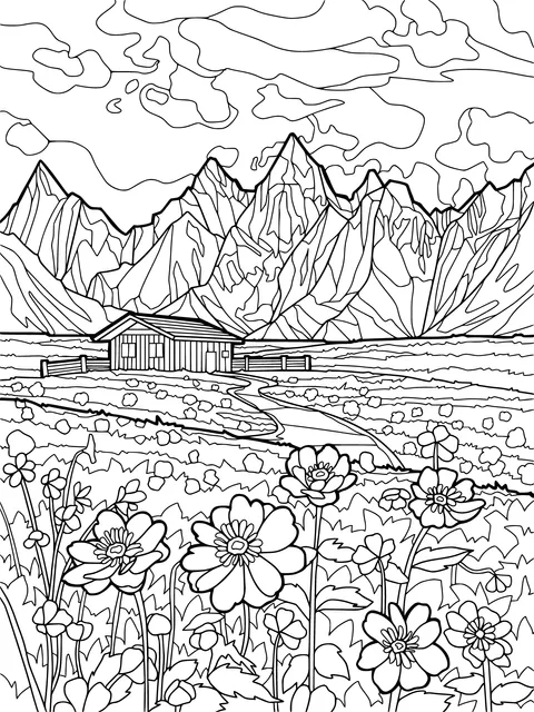 Cottage in the Flower - filled Field amidst Mountains
