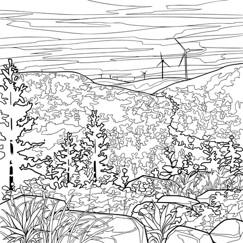 Mountain forest and wind - mills at dusk