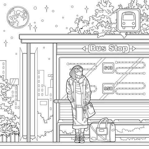 Woman waiting at the bus stop at night