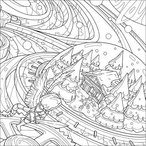 Snow - covered Cabin in a Fantasy Mechanical World