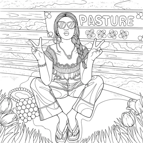 Girl making peace signs in front of a pasture