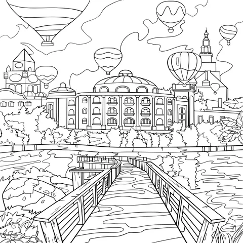 Hot - air Balloons and Dreamy Buildings by the Lake