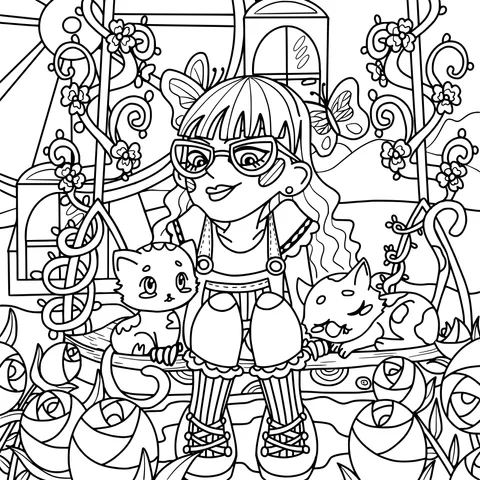 Girl and cats on a flower - filled swing