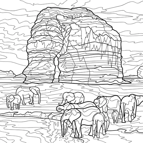 Elephants and Rock Landscape at Sunset