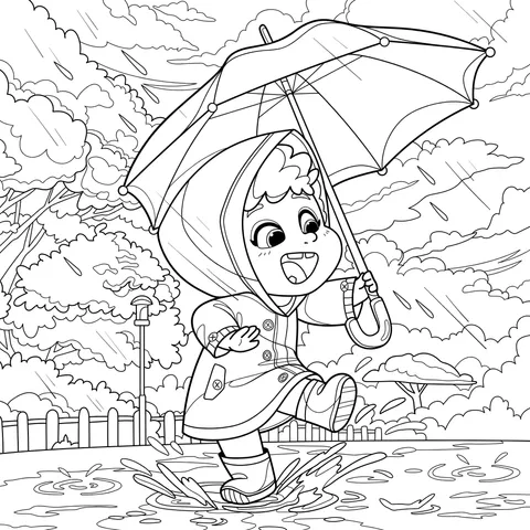 A child happily splashing in the rain