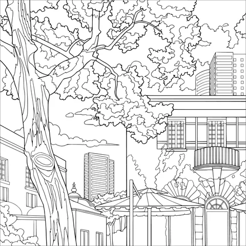 Green Tree and Buildings in the City