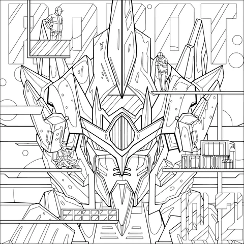 Gigantic Red Mecha and Workers