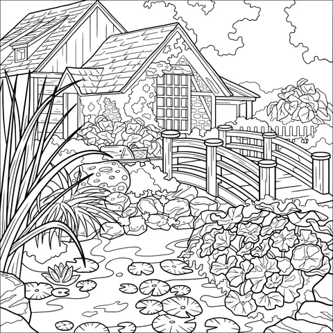 Rural Cottage and Pond Scene
