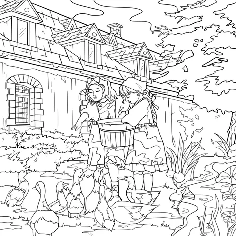 Girls feeding ducks in the courtyard