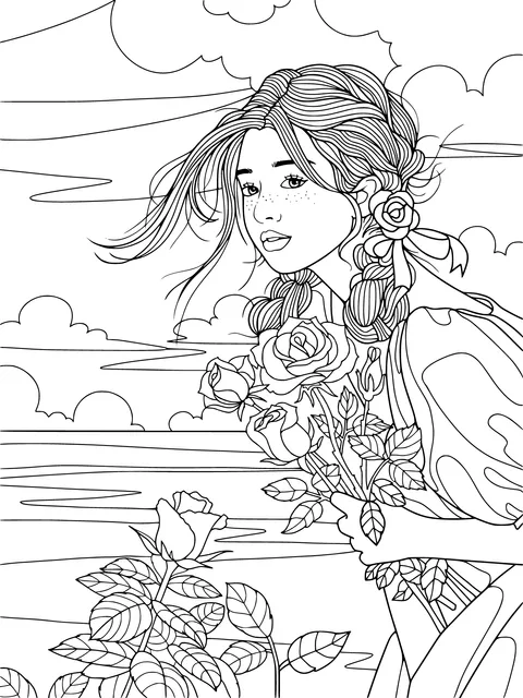 Girl with Roses by the Seaside