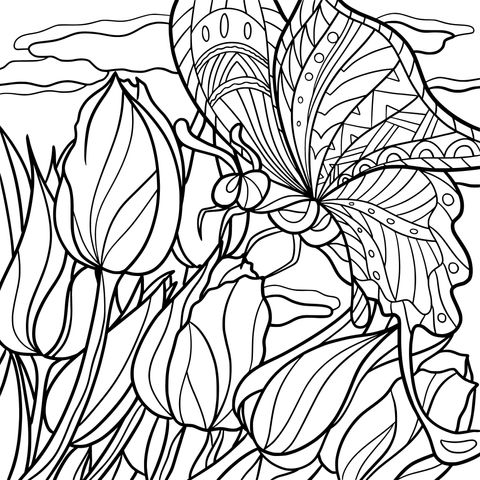 Mariposa Colorida y Tulipanes
