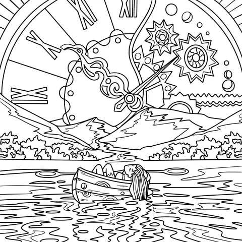 People Rowing a Boat under a Clock
