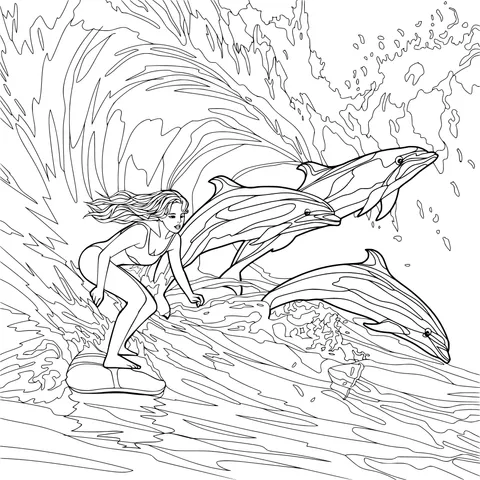 Woman surfing with dolphins