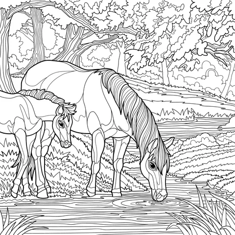 A mare and a foal drinking water by the stream