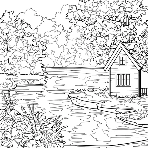 Natural scenery of a lakeside cottage