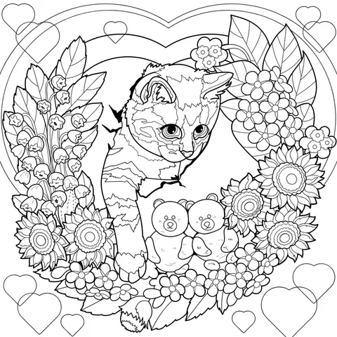 Gato e urso - linhos em uma coroa de flores