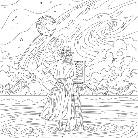 Woman Painting in Front of a Fantasy Planet