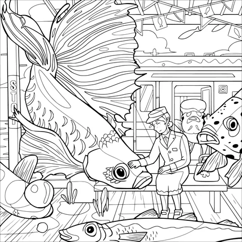 Person interacting with strange big fish