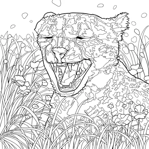 Cheetah Laughing in the Flower - filled Field