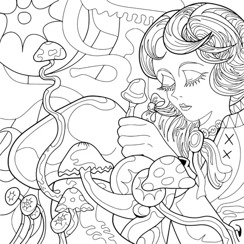 Girl beside dreamy mushrooms