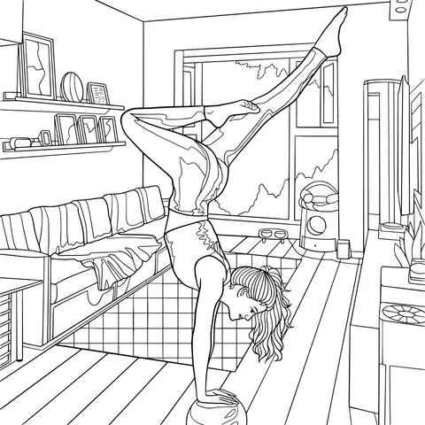 Woman practicing handstand in the living - room