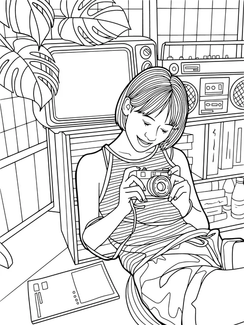 Girl taking photos cozily indoors